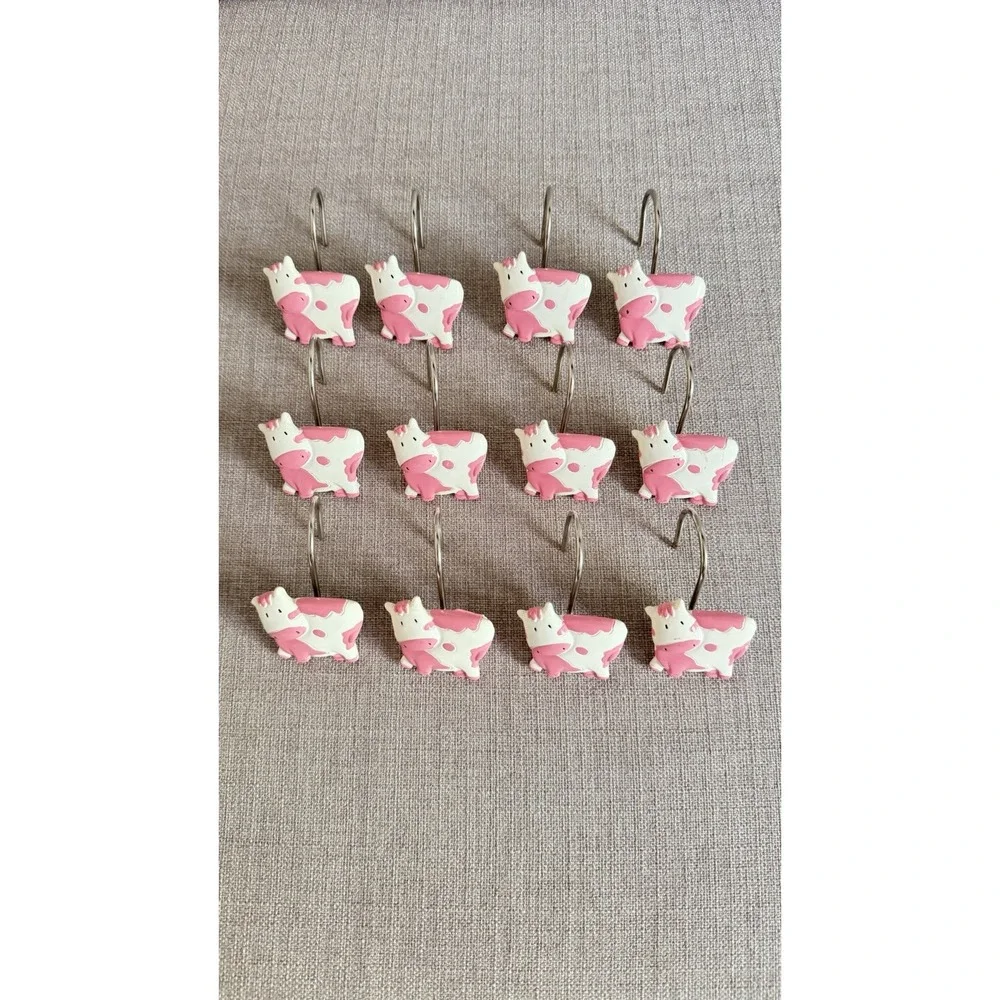 Shower Curtain Cow Resin hooks Set 12 Pink And White Farm Animal Bathroom Decor